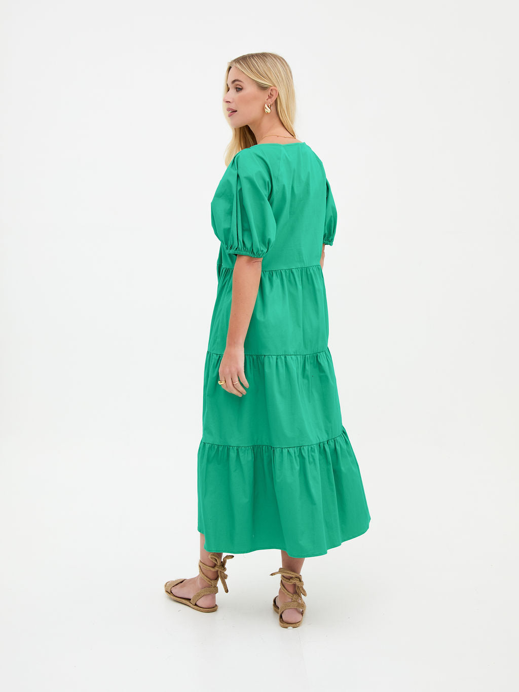 Hollie Green Cotton Tiered Midi Dress