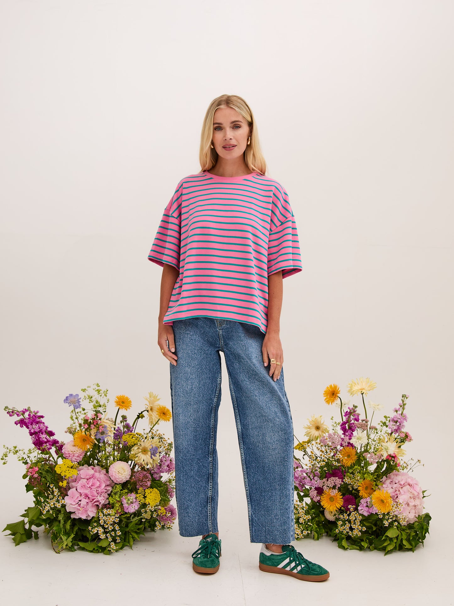 Sara Premium Cotton Pink & Green Striped T-Shirt