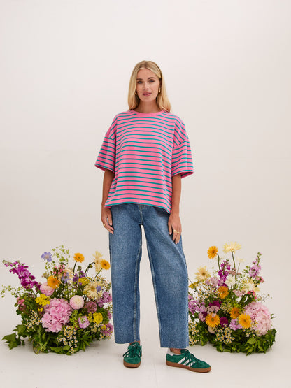 Sara Premium Cotton Pink & Green Striped T-Shirt
