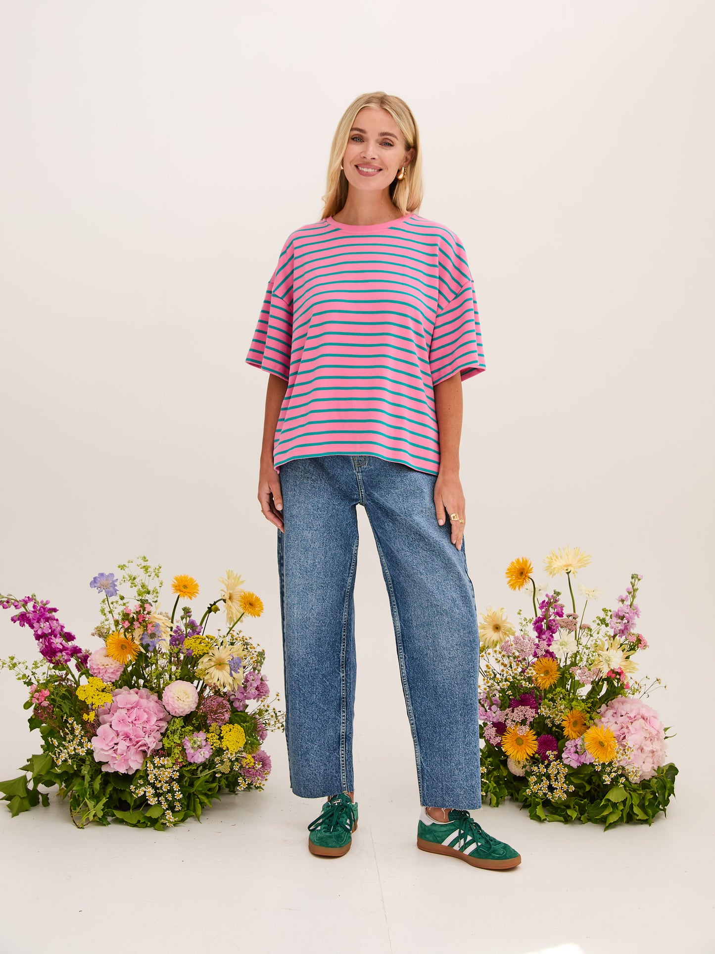 Sara Premium Cotton Pink & Green Striped T-Shirt