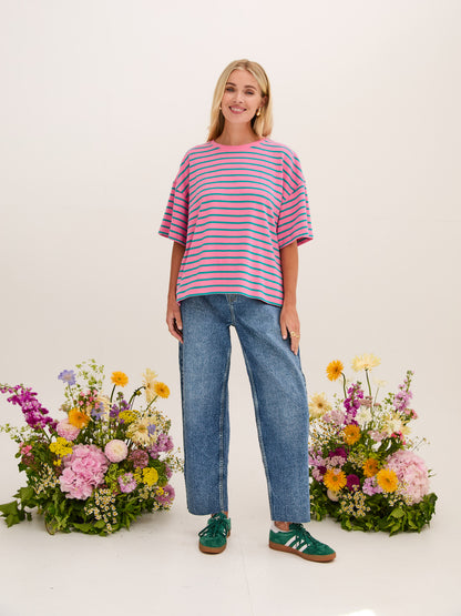 Sara Premium Cotton Pink & Green Striped T-Shirt