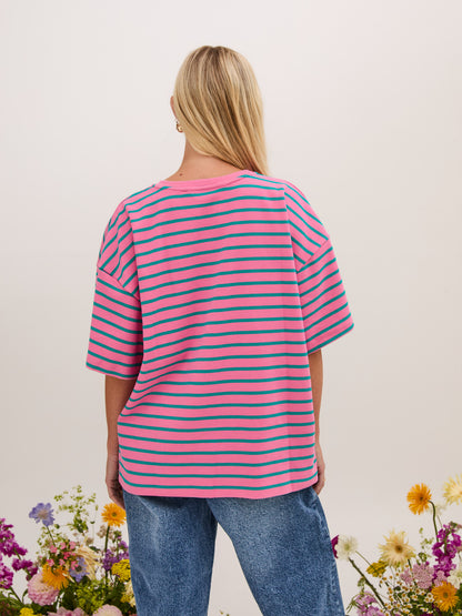 Sara Premium Cotton Pink & Green Striped T-Shirt