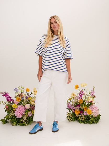 Sara Premium Cotton White & Blue Striped T-Shirt