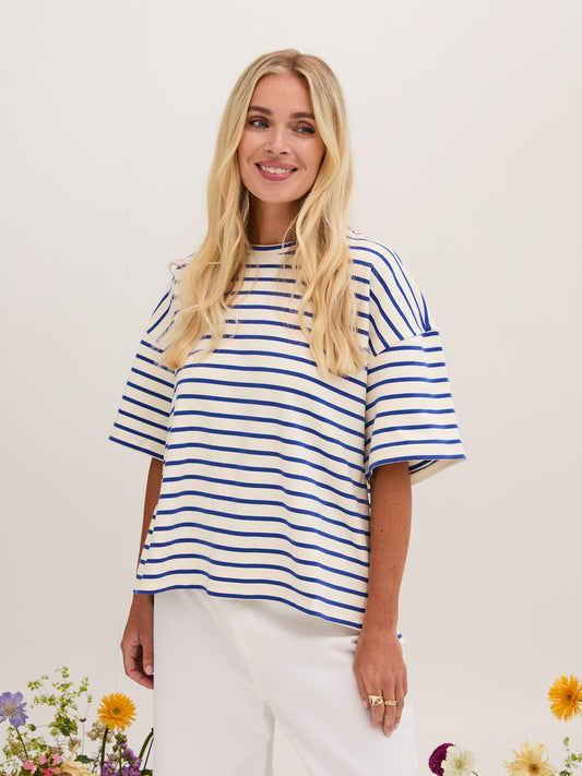 Sara Premium Cotton White & Blue Striped T-Shirt