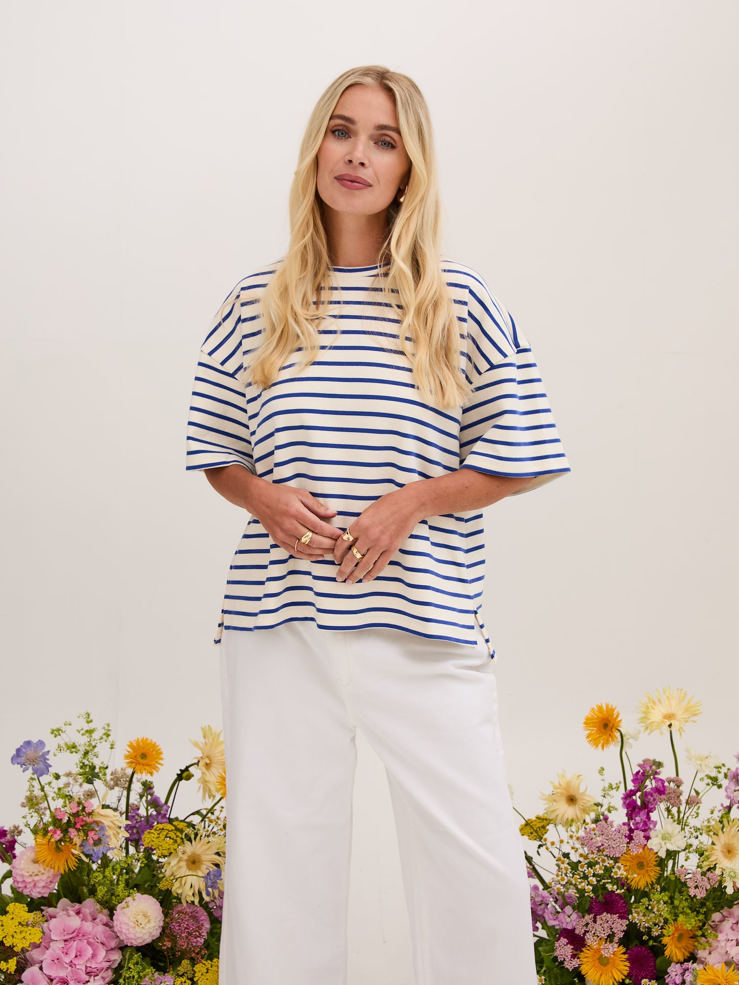 Sara Premium Cotton White & Blue Striped T-Shirt