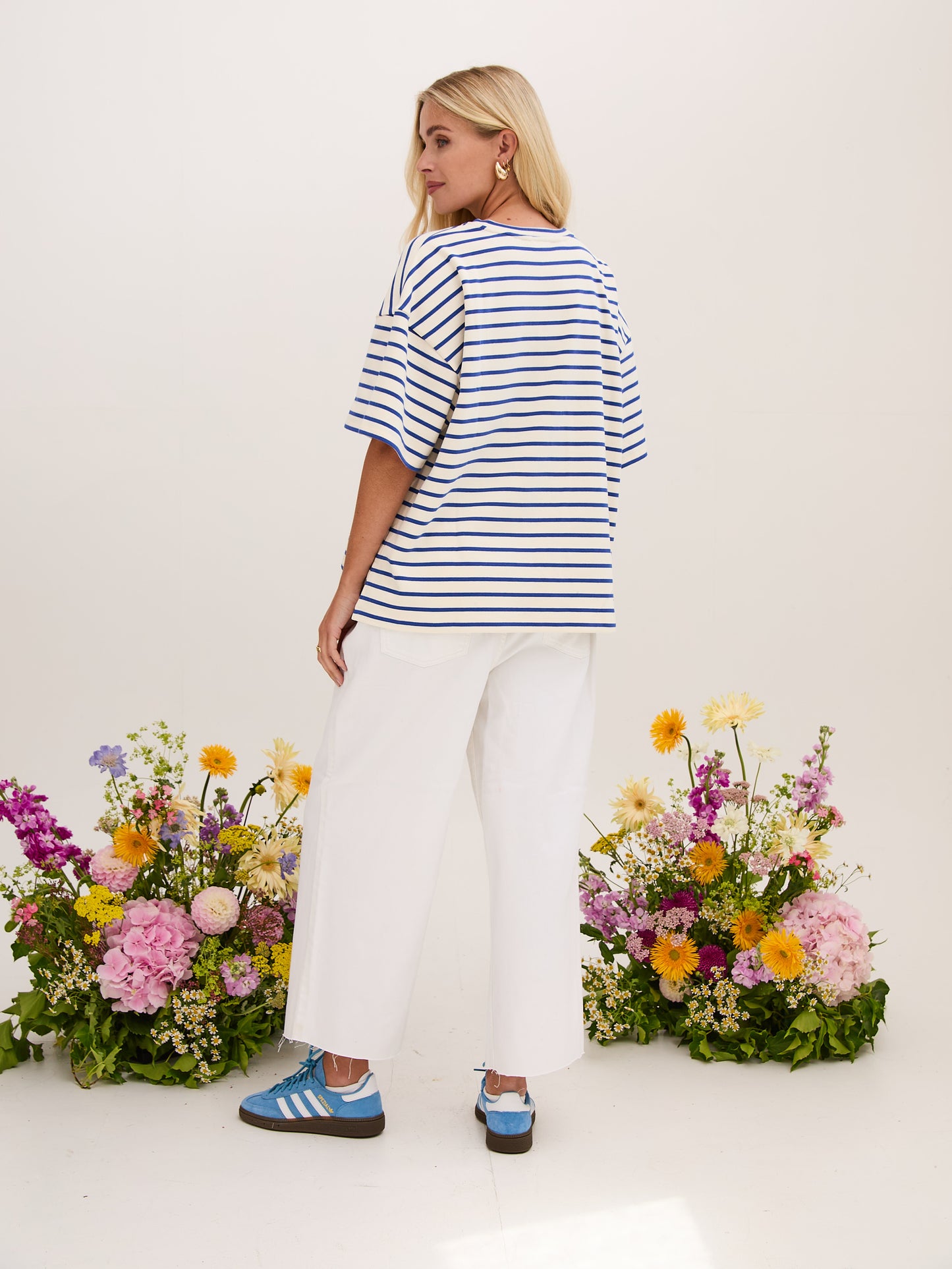 Sara Premium Cotton White & Blue Striped T-Shirt