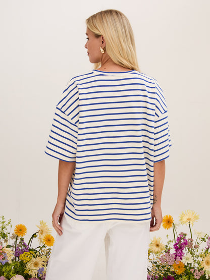 Sara Premium Cotton White & Blue Striped T-Shirt