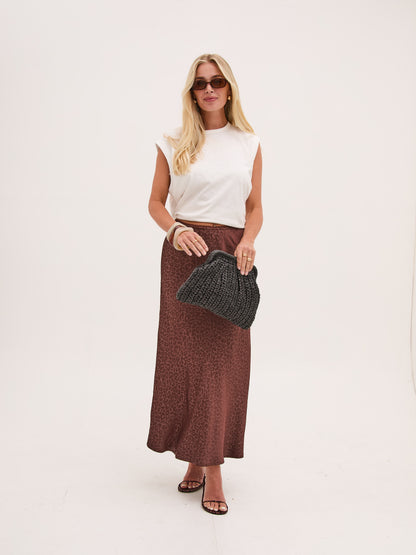 Bria Brown Animal Satin Skirt