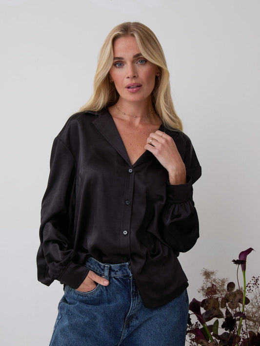 Freya Black Relaxed Satin Shirt