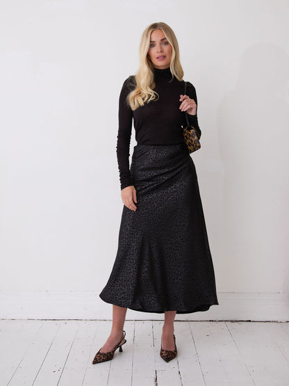 Bria Black Animal Satin Skirt