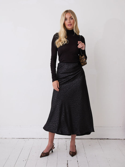 Bria Black Animal Satin Skirt