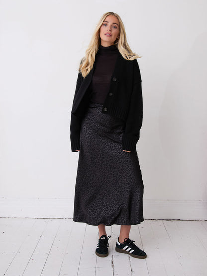 Bria Black Animal Satin Skirt