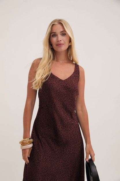 Gabriella Brown Animal Satin Slip Dress