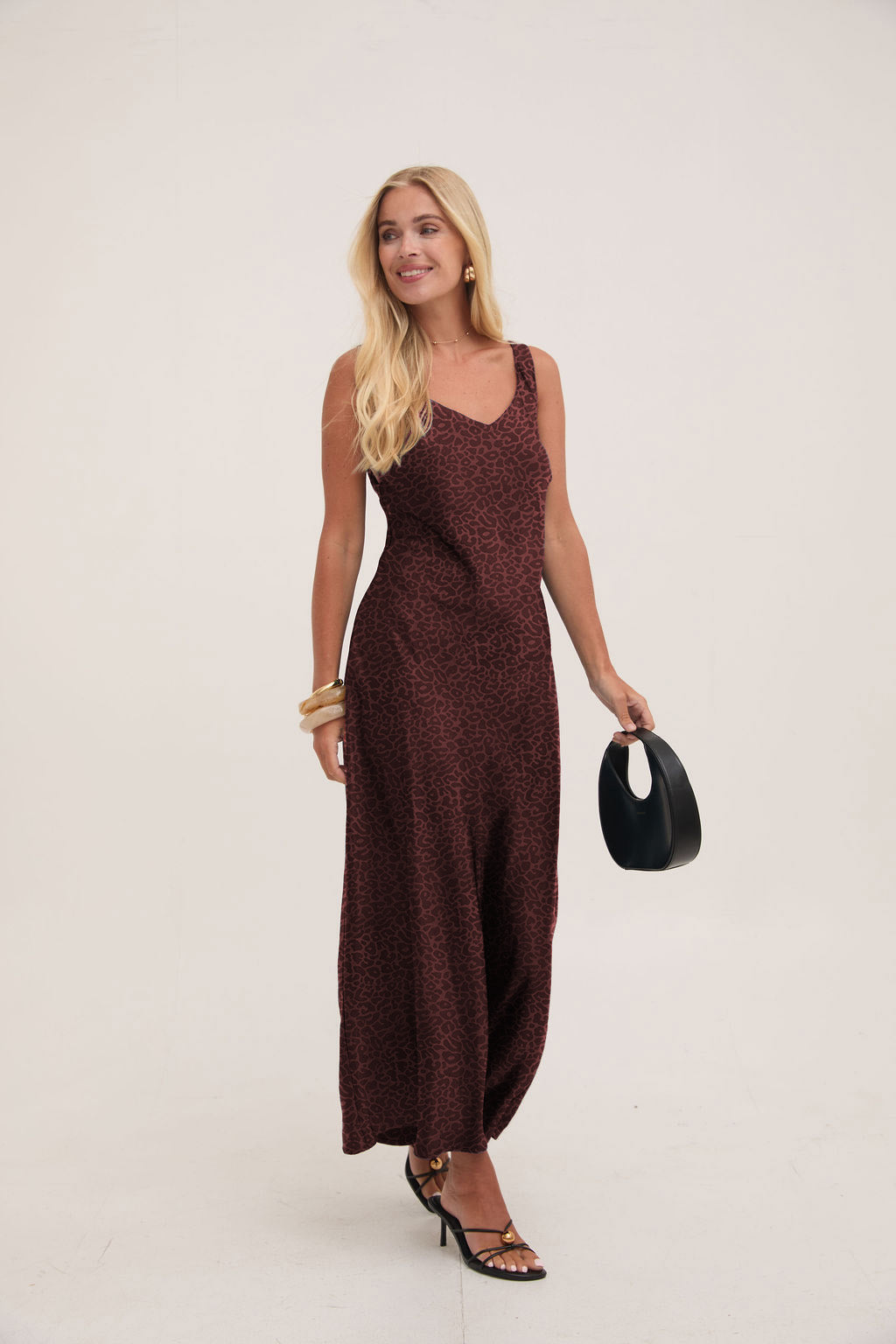 Gabriella Brown Animal Satin Slip Dress