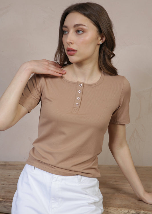 Ribbed Placket Button Tee