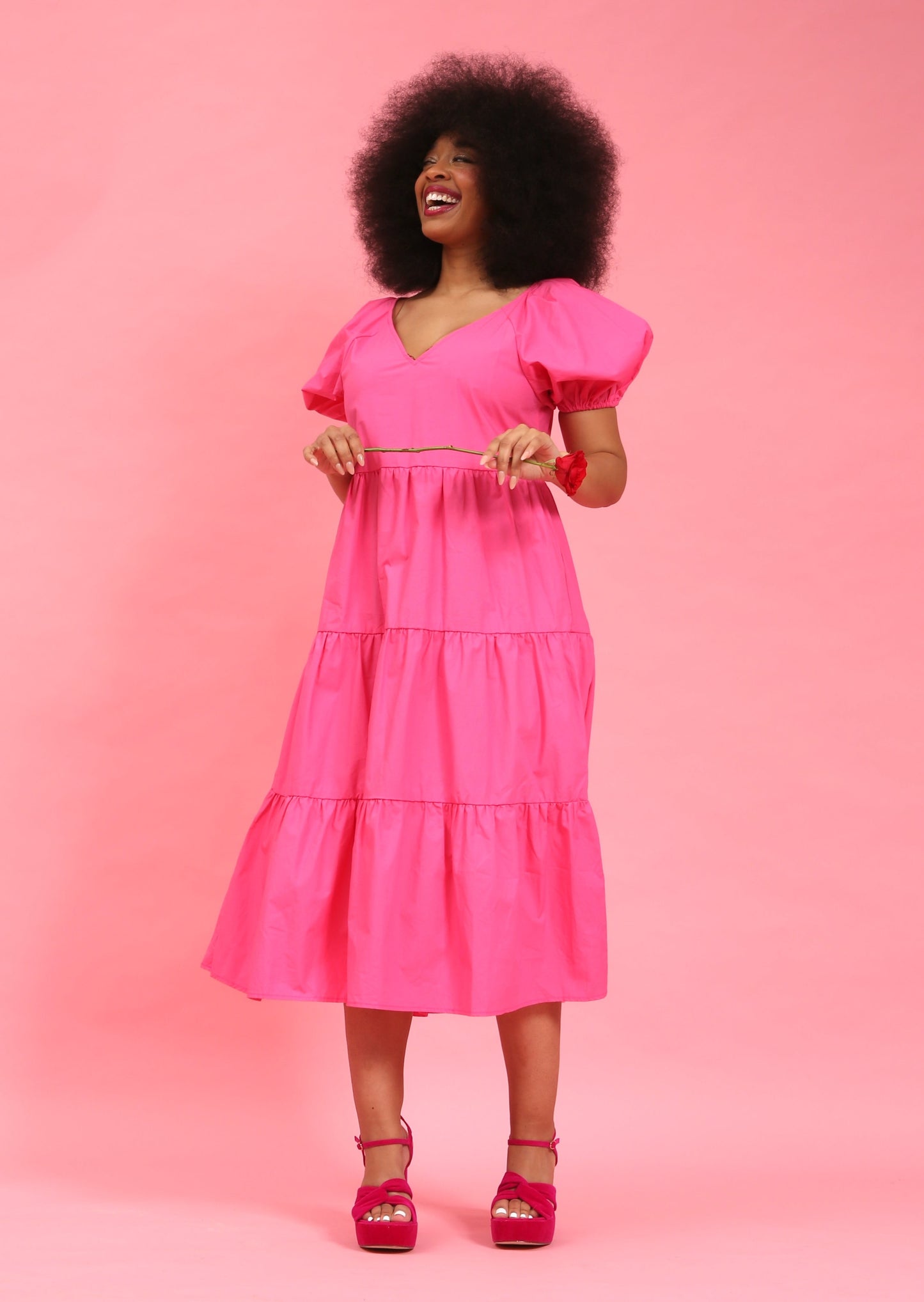 Pink Cotton Tiered Midi Dress