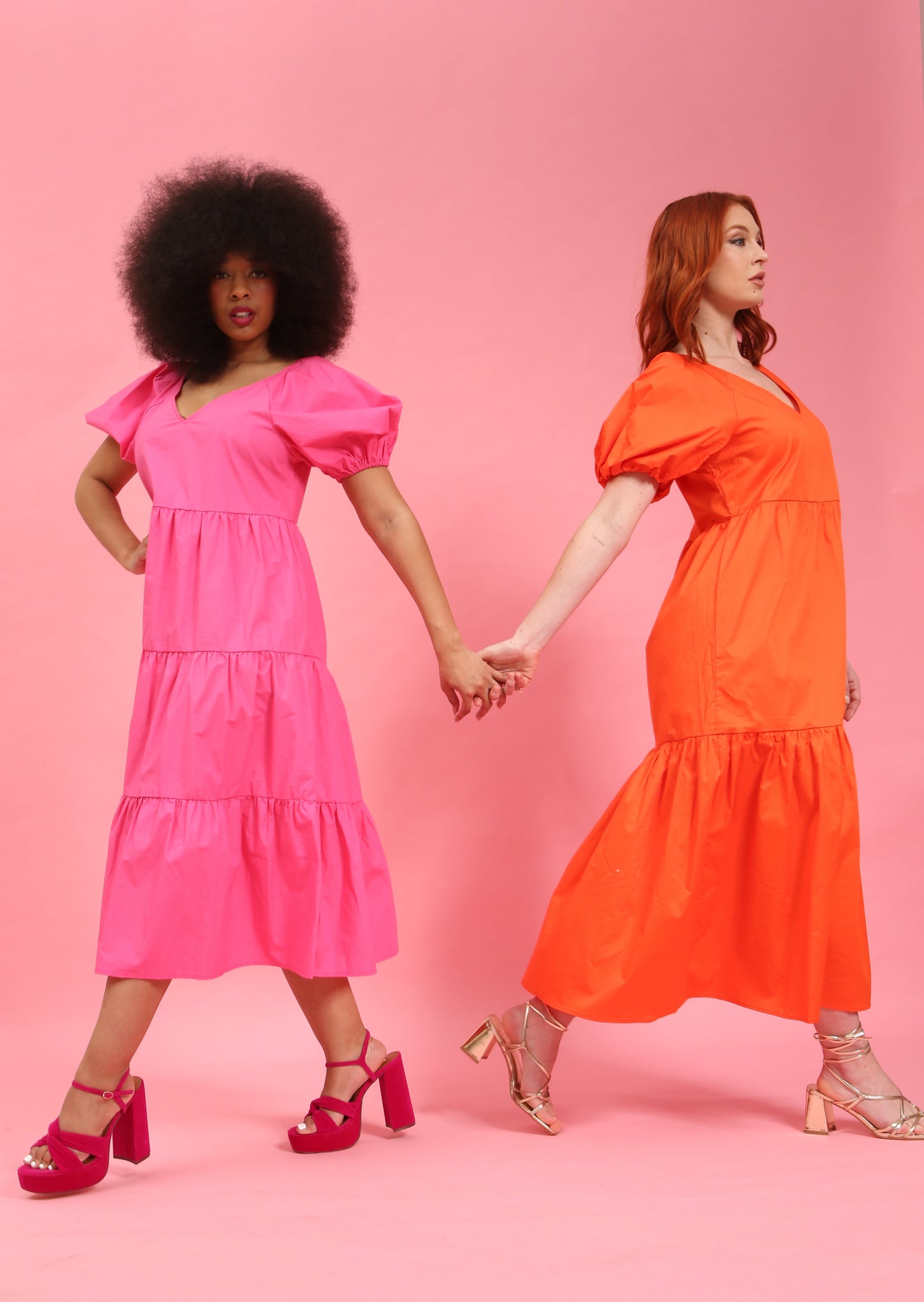 Pink Cotton Tiered Midi Dress