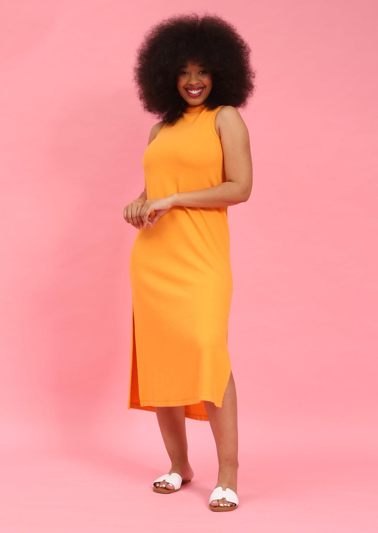 Orange Textured Knit Midi Dress