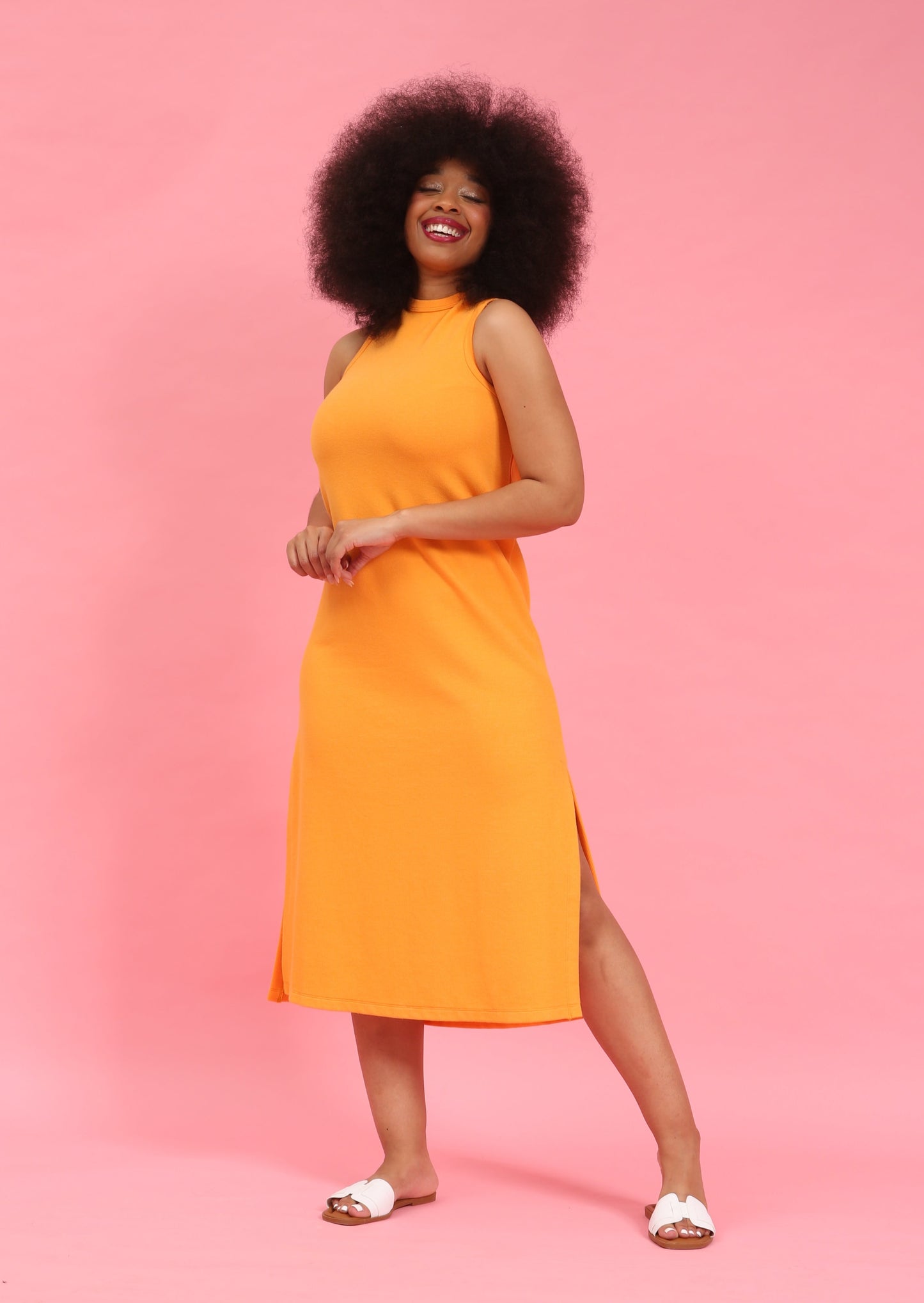 Orange Textured Knit Midi Dress