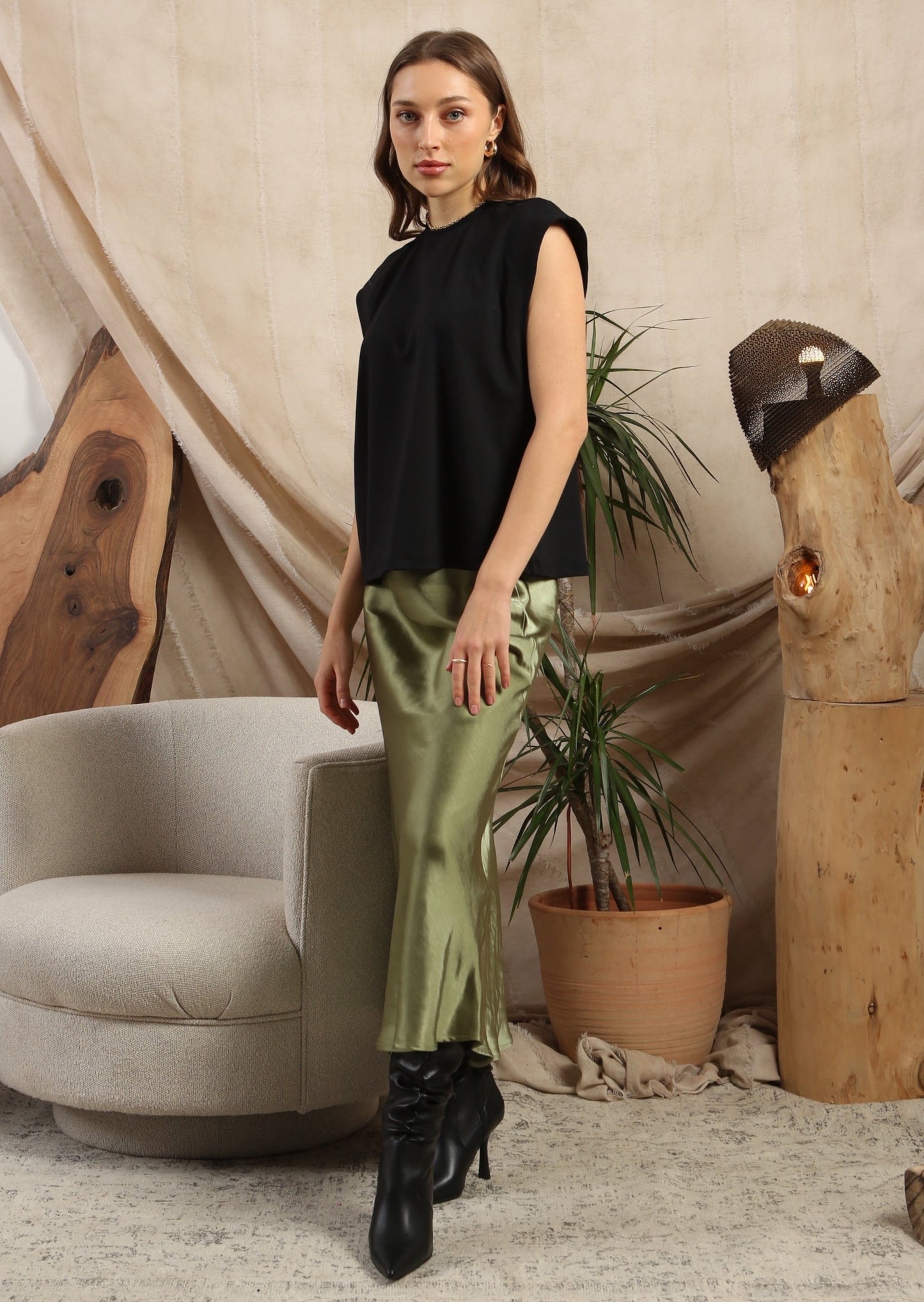 Khaki Satin Skirt