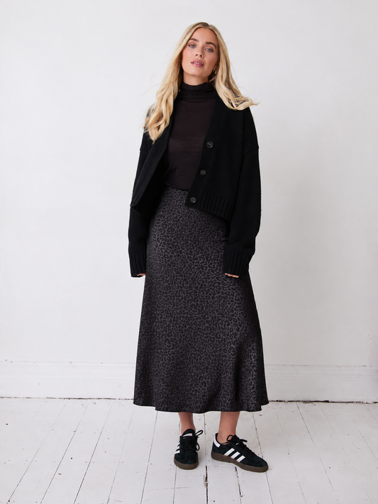 Bria Black Animal Satin Skirt