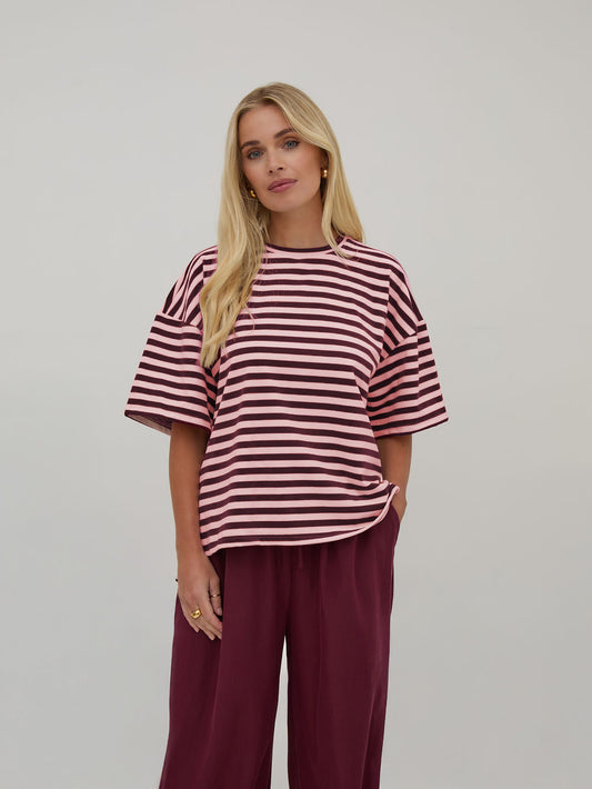 Sara Burgundy & Pink Stripe Super Soft T-Shirt